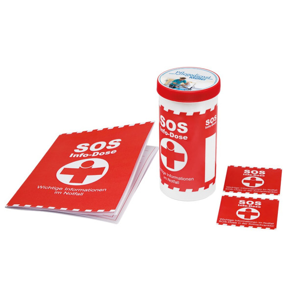SOS-Info-Dose mit Standardbanderole und Deckaufkleber